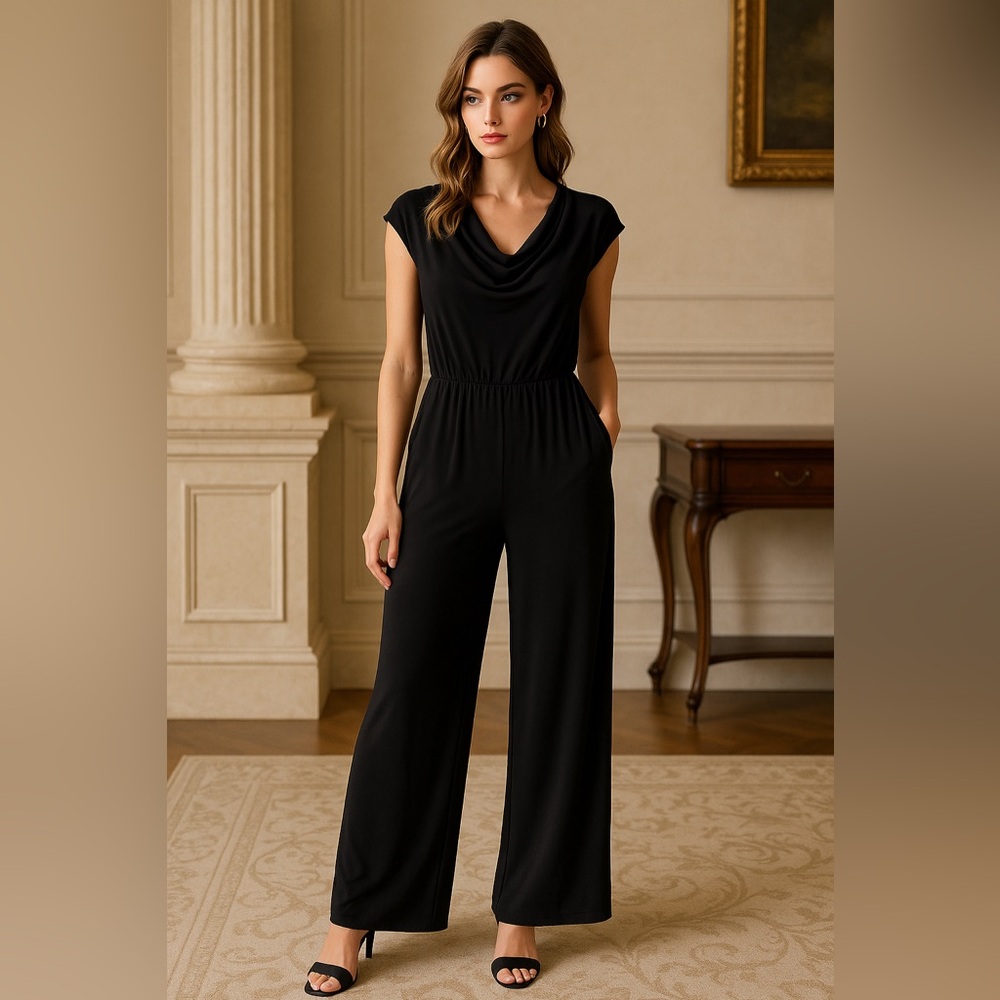 DOKOTOO Black Draped Cowl Neck Wide Leg Jumpsuit Women’s Size Medium. 🖤